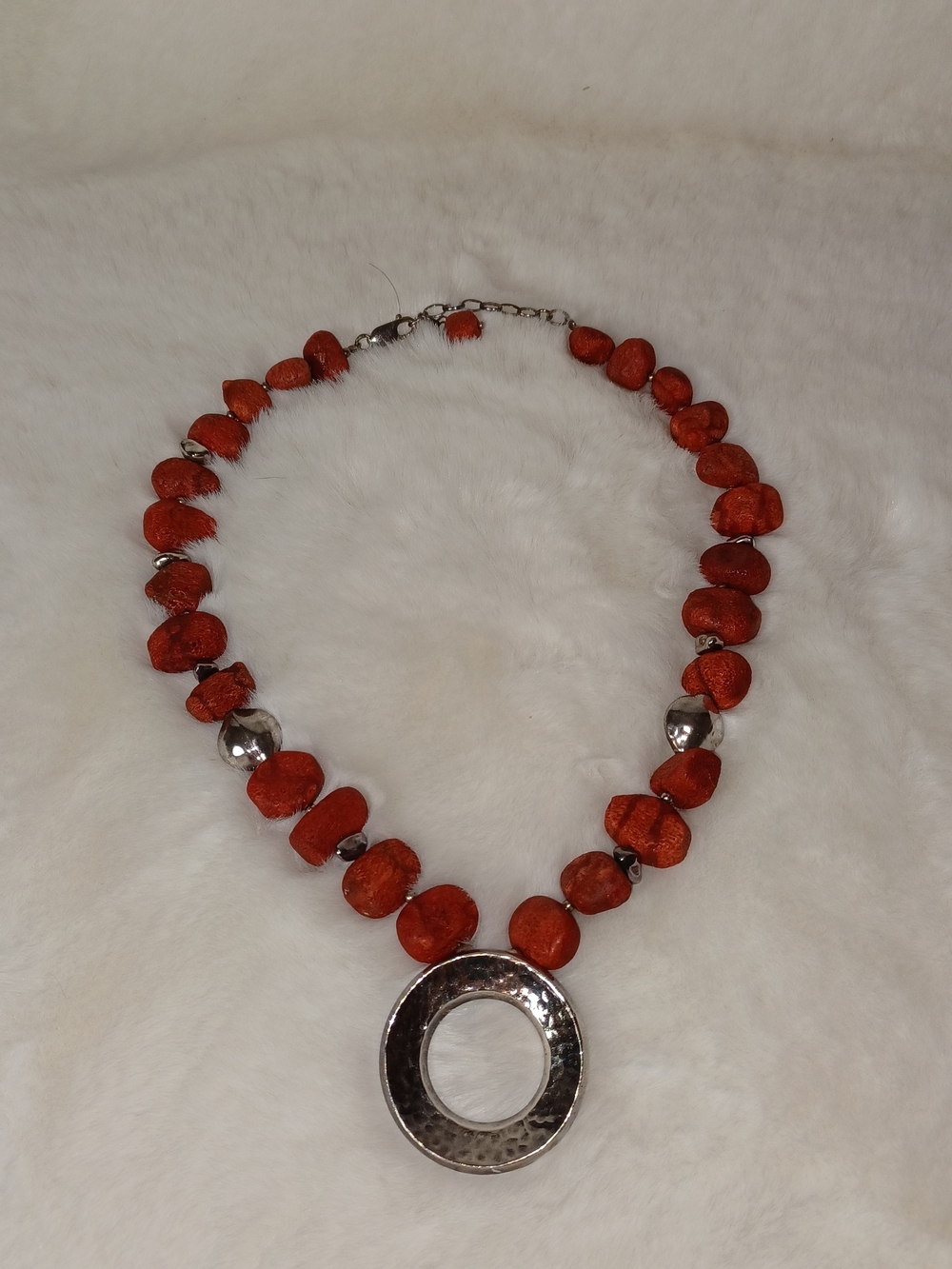 Silpada Orange Spounge Coral  Bead Necklace with Hammered 925 Silver Circle
